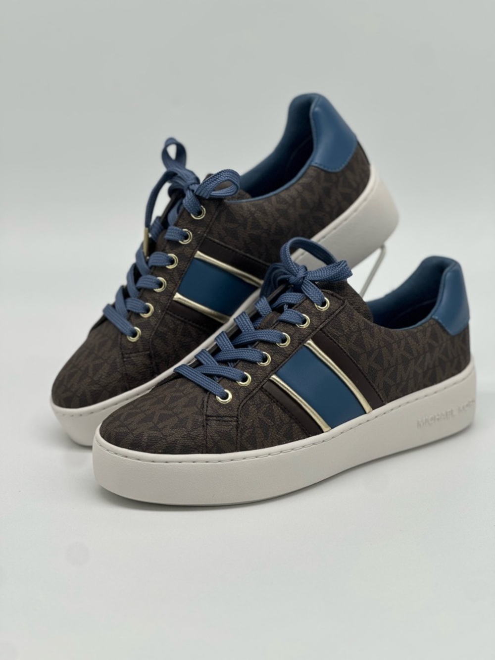 Michael Kors Brown Logo-Print Sneakers with Blue Accents